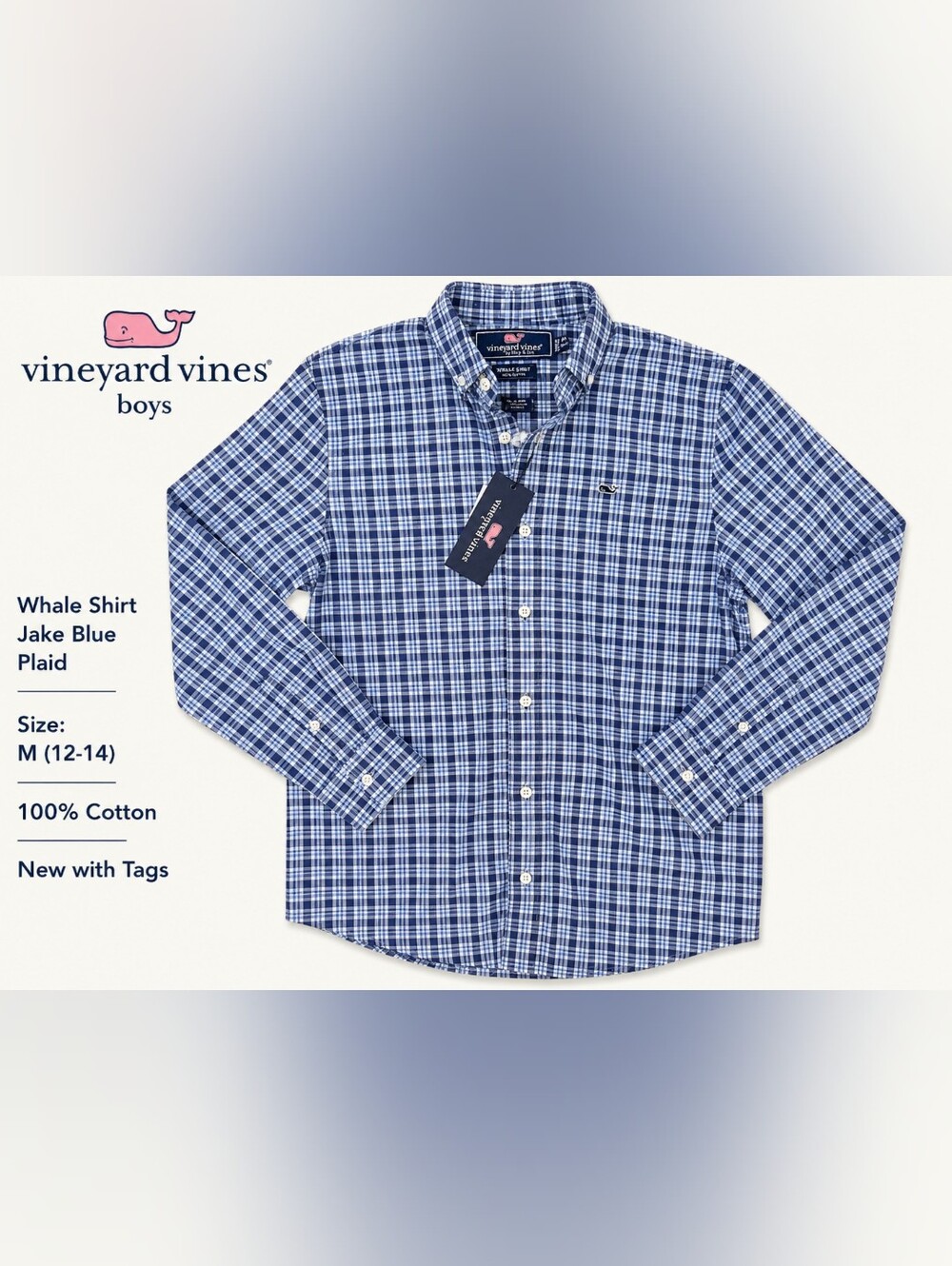 Vineyard Vines Boys Whale Shirt Jake Blue Plaid Button Down NWT Size M (12-14)